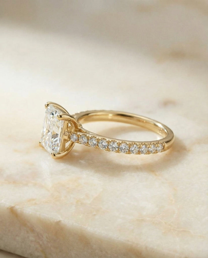 Cathedral French Pavé Solitaire Radiant in 18K Yellow Gold