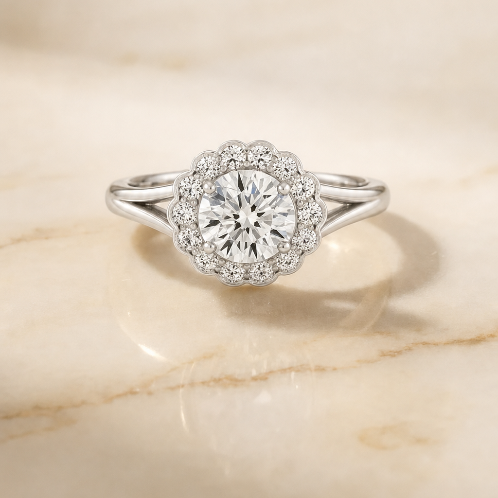 The Nera Floral Split Shank Halo Round Engagement Ring Setting in Platinum