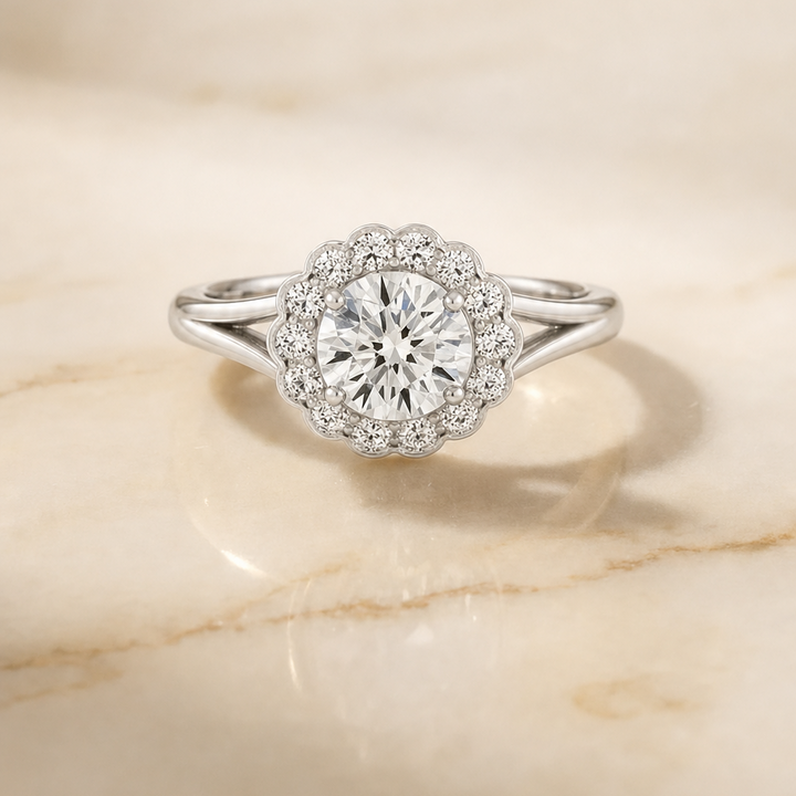 The Nera Floral Split Shank Halo Round Engagement Ring Setting in Platinum