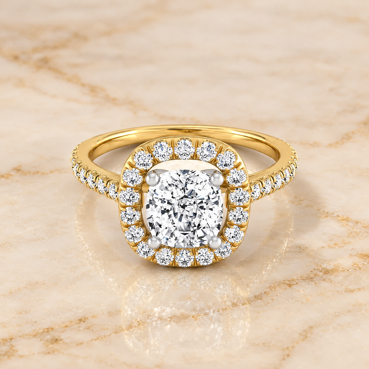 The Hymn French Pavé Halo Frame Cushion Cut Engagement Ring Setting in 18K Yellow Gold