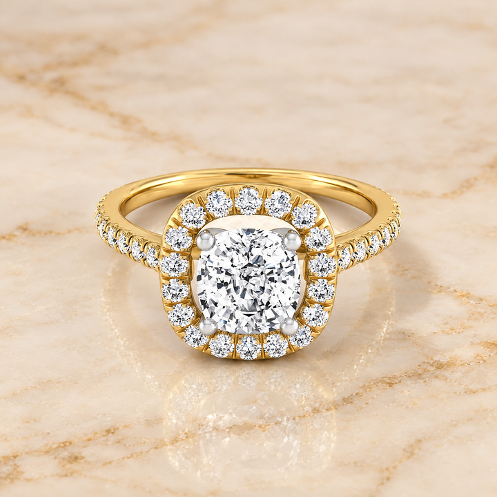 The Hymn French Pavé Halo Frame Cushion Cut Engagement Ring Setting in 18K Yellow Gold