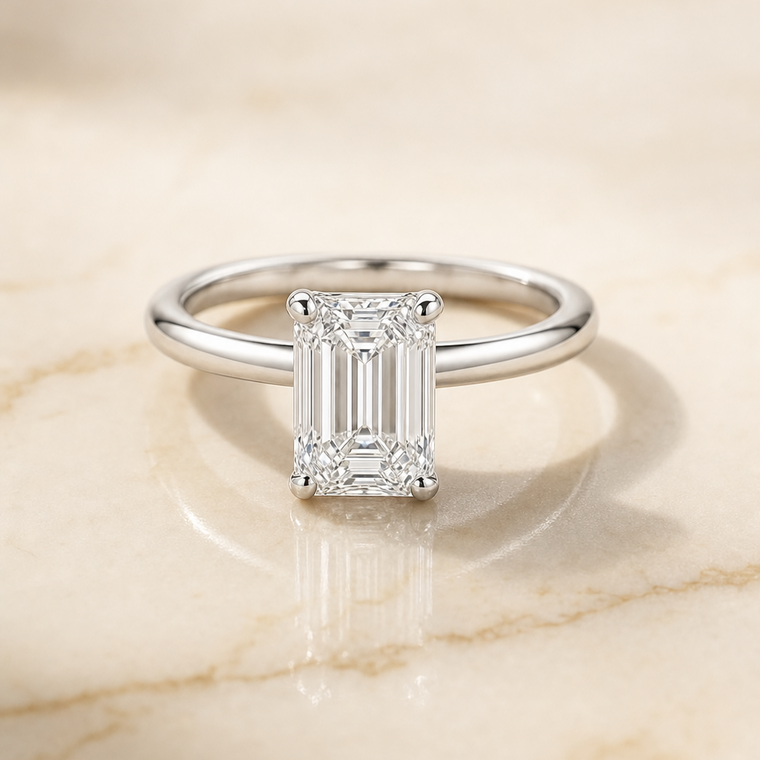 The Floria Select Comfort Fit Claw Prong Solitaire Emerald Cut Lab Diamond Engagement Ring in Platinum