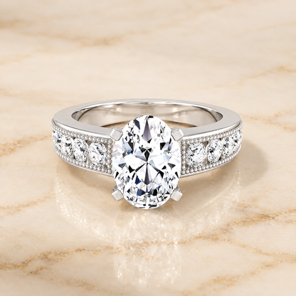 The Eleanor Antique Milgrain Channel Solitaire Oval Engagement Ring Setting in 18K White Gold
