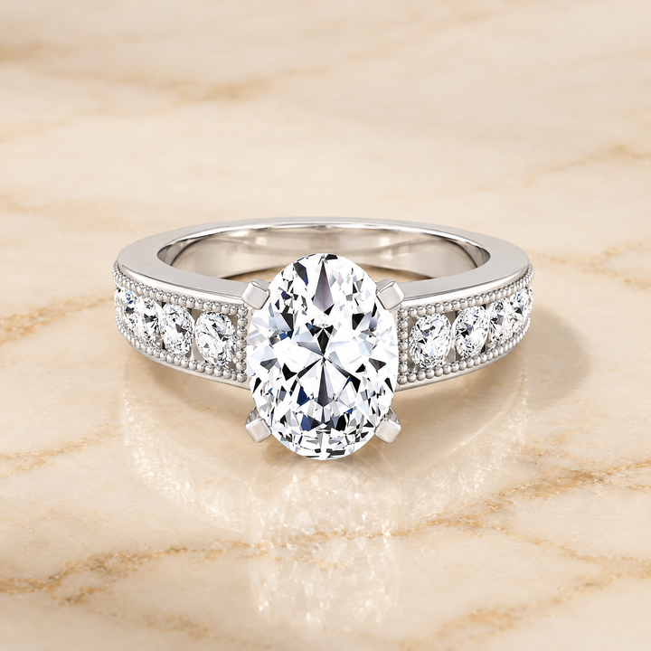 The Eleanor Antique Milgrain Channel Solitaire Oval Engagement Ring Setting in 18K White Gold