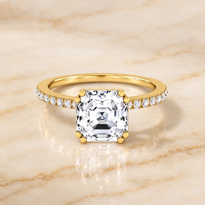 The Kelly Double Claw Prong French Pavé Asscher Cut Engagement Ring Setting in 18K Yellow Gold