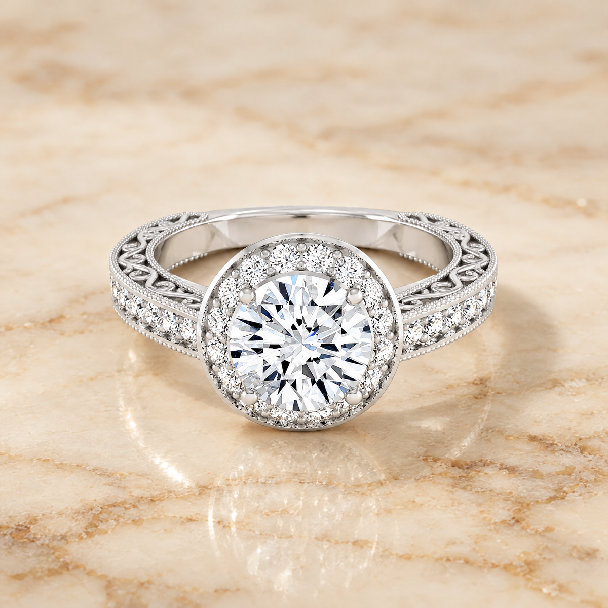 The Talea Hand Engraved Milgrain Halo Round Engagement Ring Setting in Platinum