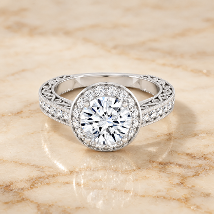 The Talea Hand Engraved Milgrain Halo Round Engagement Ring Setting in Platinum