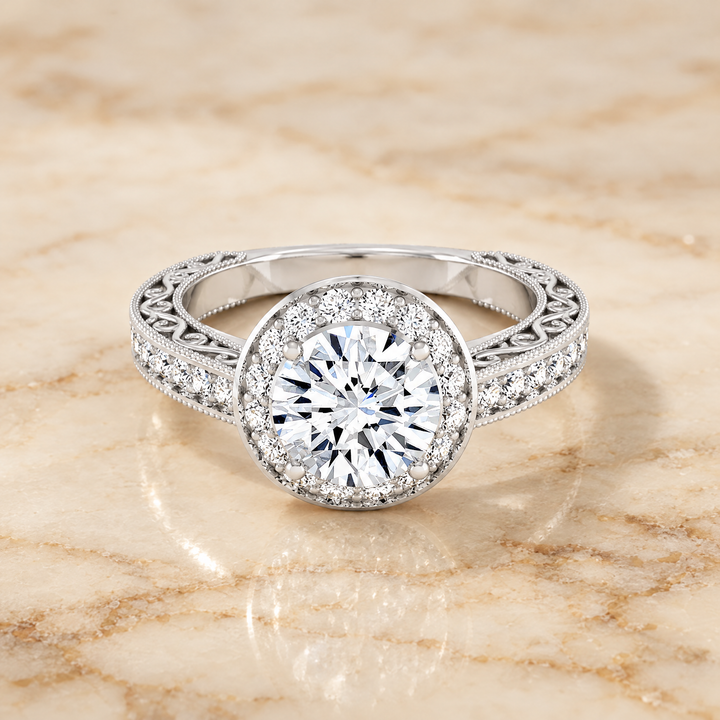 The Talea Hand Engraved Milgrain Halo Round Engagement Ring Setting in Platinum