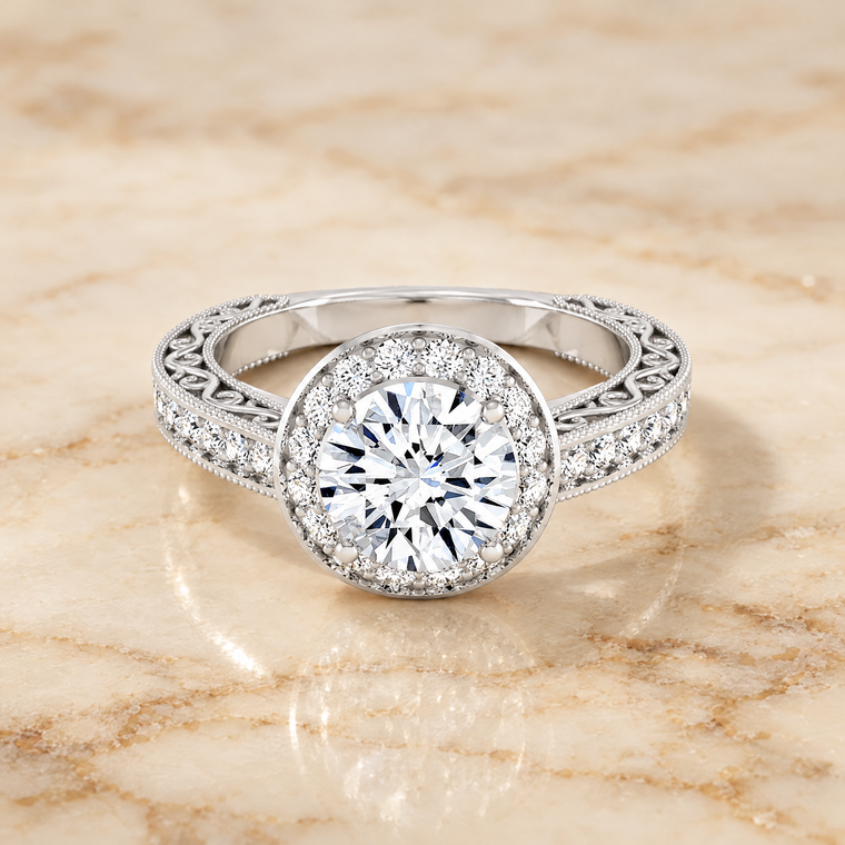 The Talea Hand Engraved Milgrain Halo Round Engagement Ring Setting in 18K White Gold