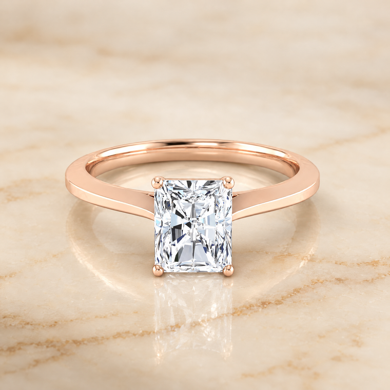 The Gladys Pinched Cathedral Solitaire Radiant Cut Engagement Ring Setting in 14K Rose Gold