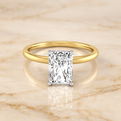 The Dolly Double Hidden Halo Solitaire Radiant Cut Engagement Ring Setting in 18K Yellow Gold