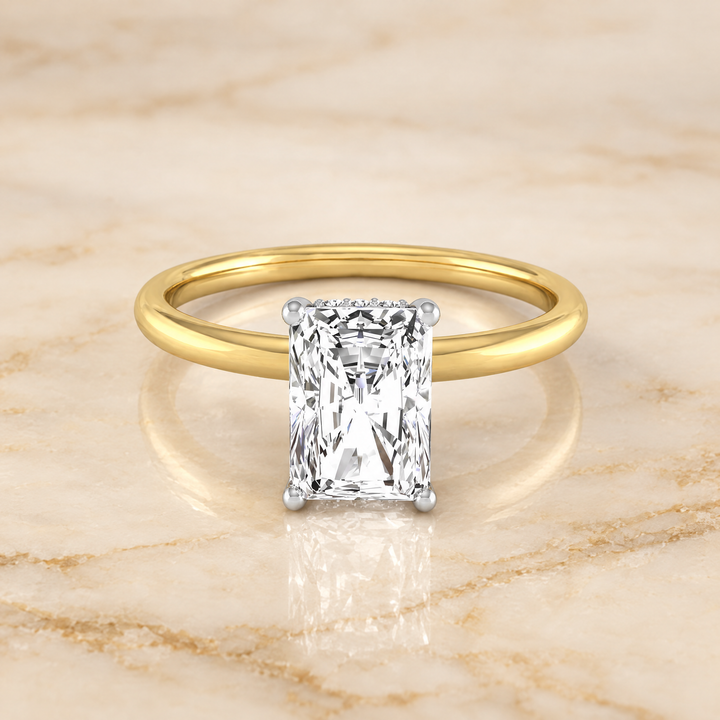 The Dolly Double Hidden Halo Solitaire Radiant Cut Engagement Ring Setting in 18K Yellow Gold