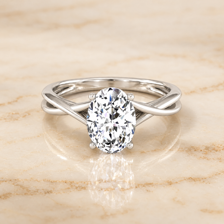 Oval engagement ring setting in 18K White Gold, Grace Twisted Shank Hidden Halo Solitaire Oval | RockHer