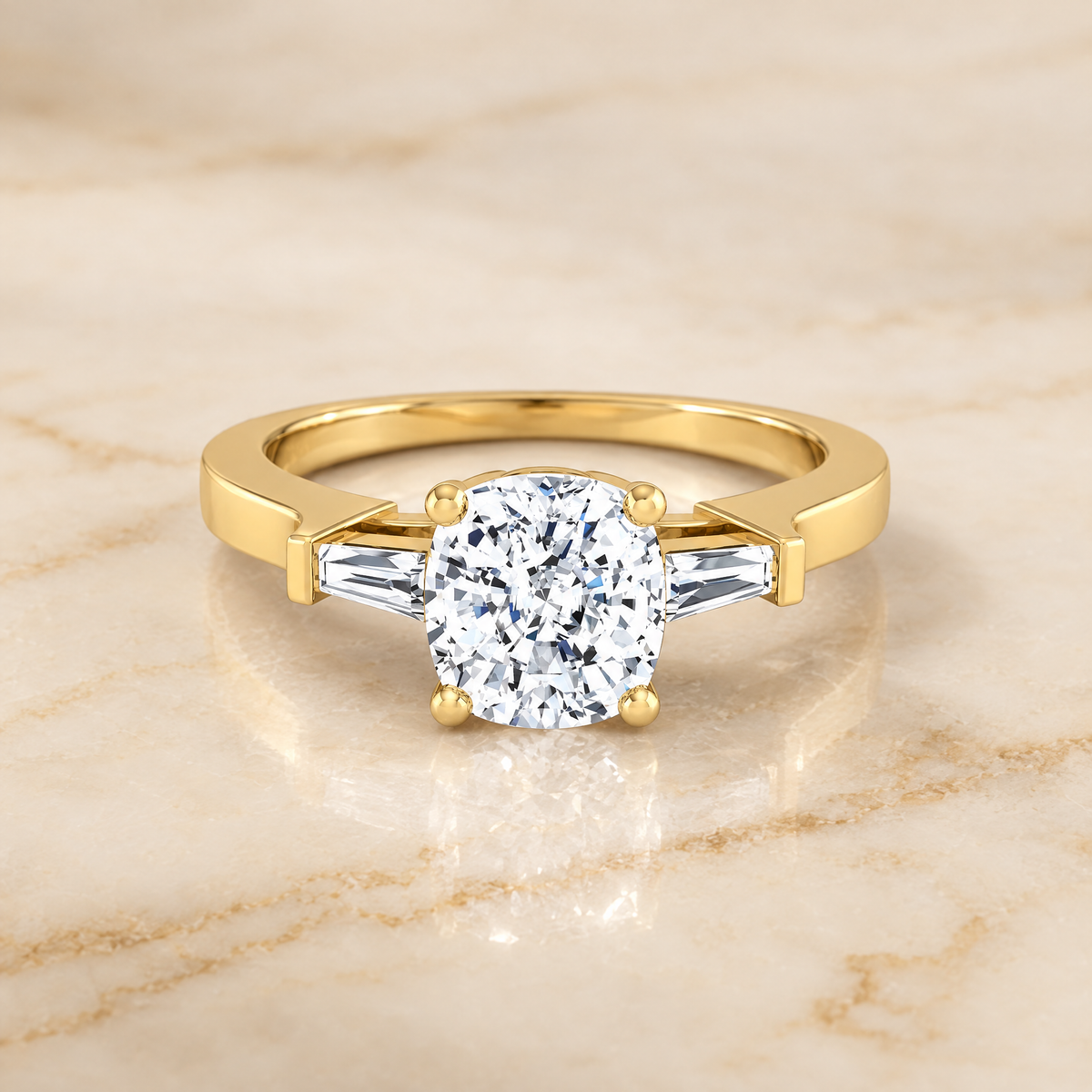 The June Three Stone Cushion Cut Engagement Ring Setting in 18K Yellow Gold