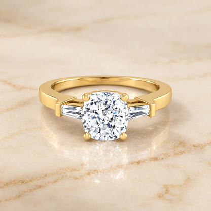 The June Three Stone Cushion Cut Engagement Ring Setting in 18K Yellow Gold