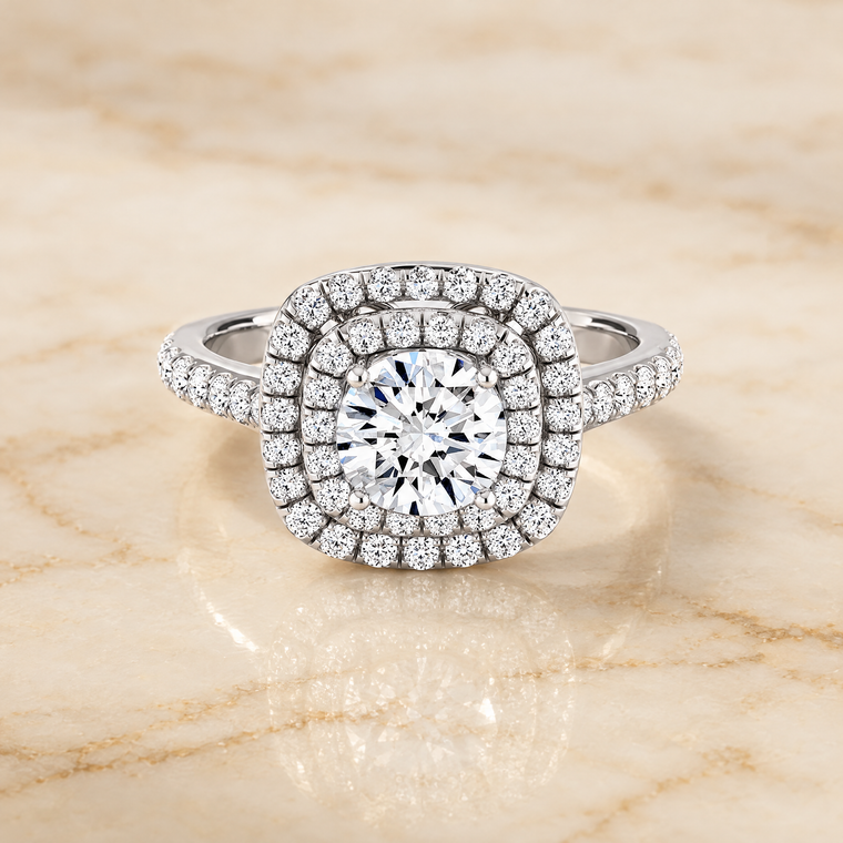 The Cadence Double Halo Round Engagement Ring Setting in 18K White Gold