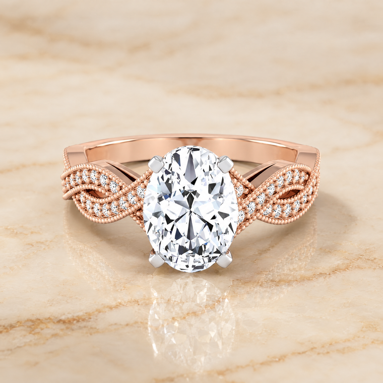 The Molly Antique Beaded Milgrain Halo Oval Engagement Ring Setting in 14K Rose Gold