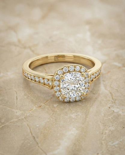 Genesis Select Pav Halo Cushion Cut Lab Diamond Engagement Ring in 18K Yellow Gold, alternate angle | RockHer