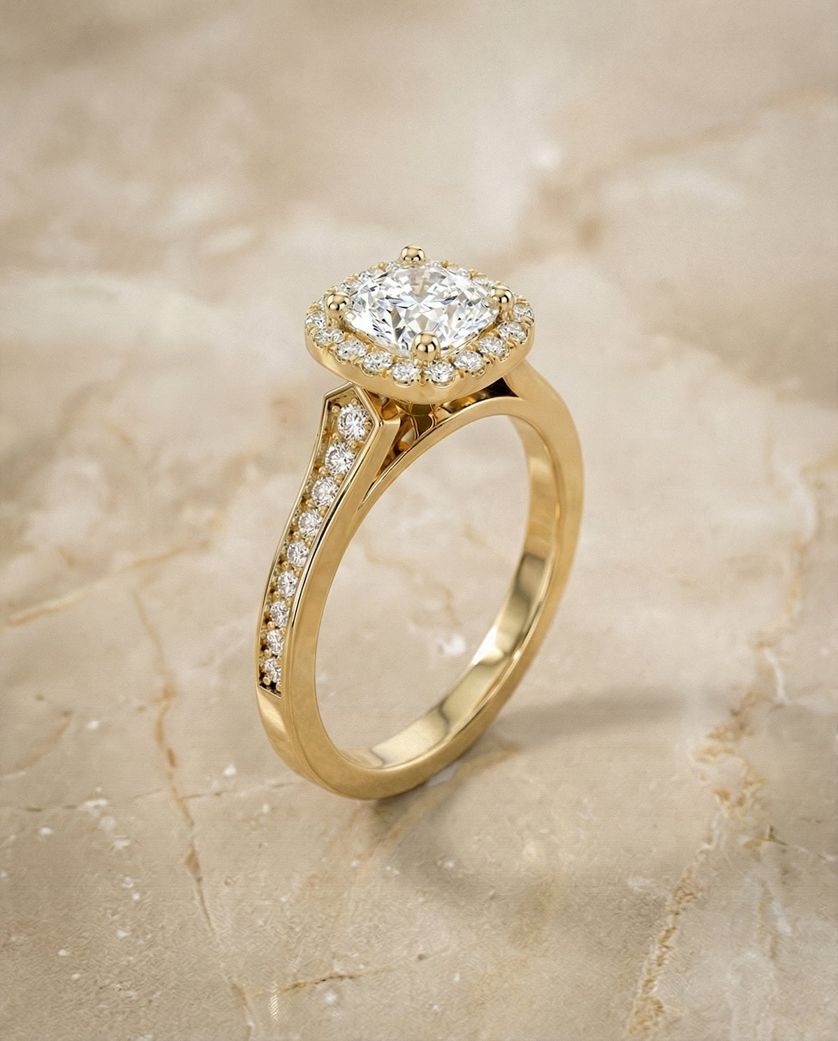 Genesis Select Pav Halo Cushion Cut Lab Diamond Engagement Ring in 18K Yellow Gold, front view | RockHer