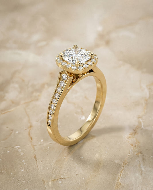 The Genesis Channel Pavé Halo Cushion in 18K Yellow Gold