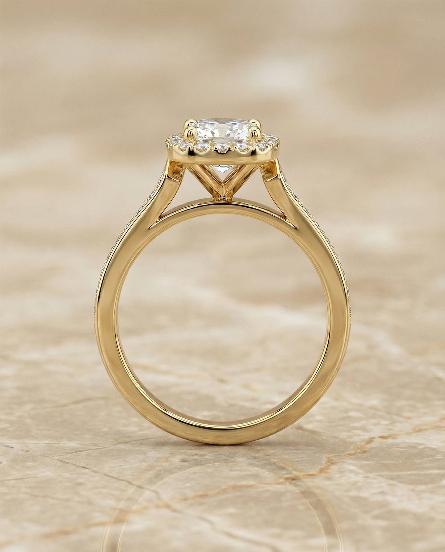 The Genesis Channel Pavé Halo Cushion in 18K Yellow Gold