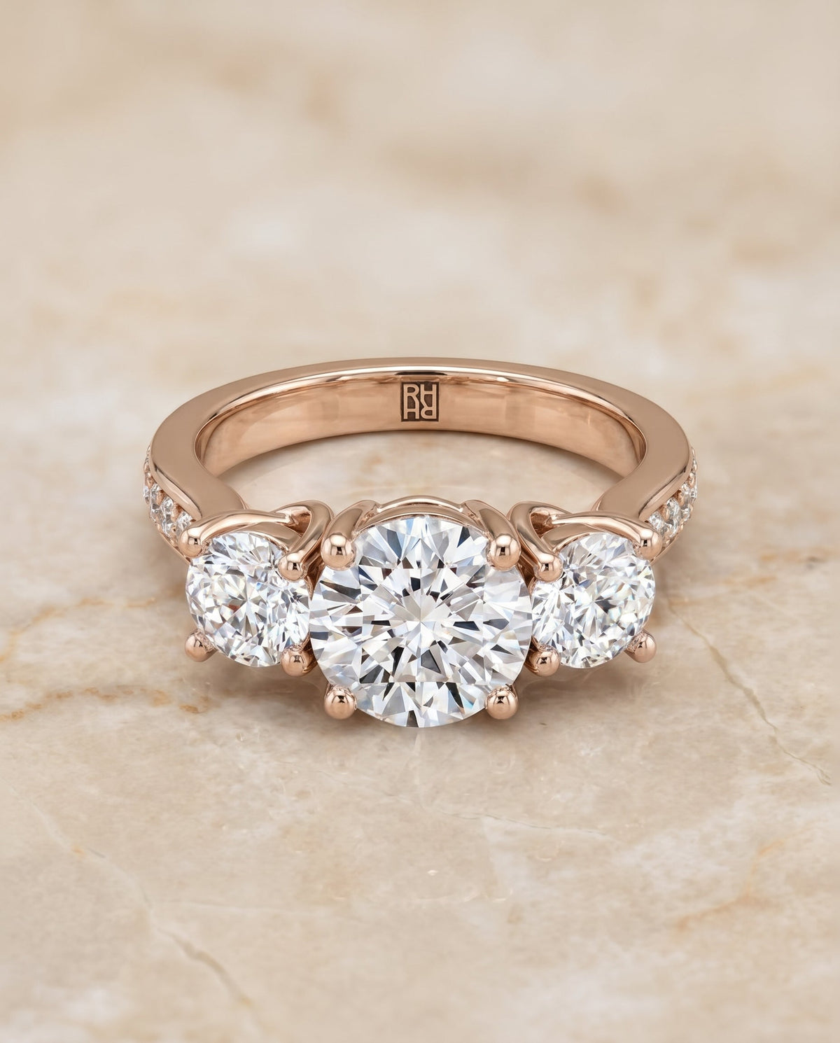 Avery Select Channel Pavé Three Stone Round Lab Diamond Engagement Ring in 14K Rose Gold, alternate angle | RockHer