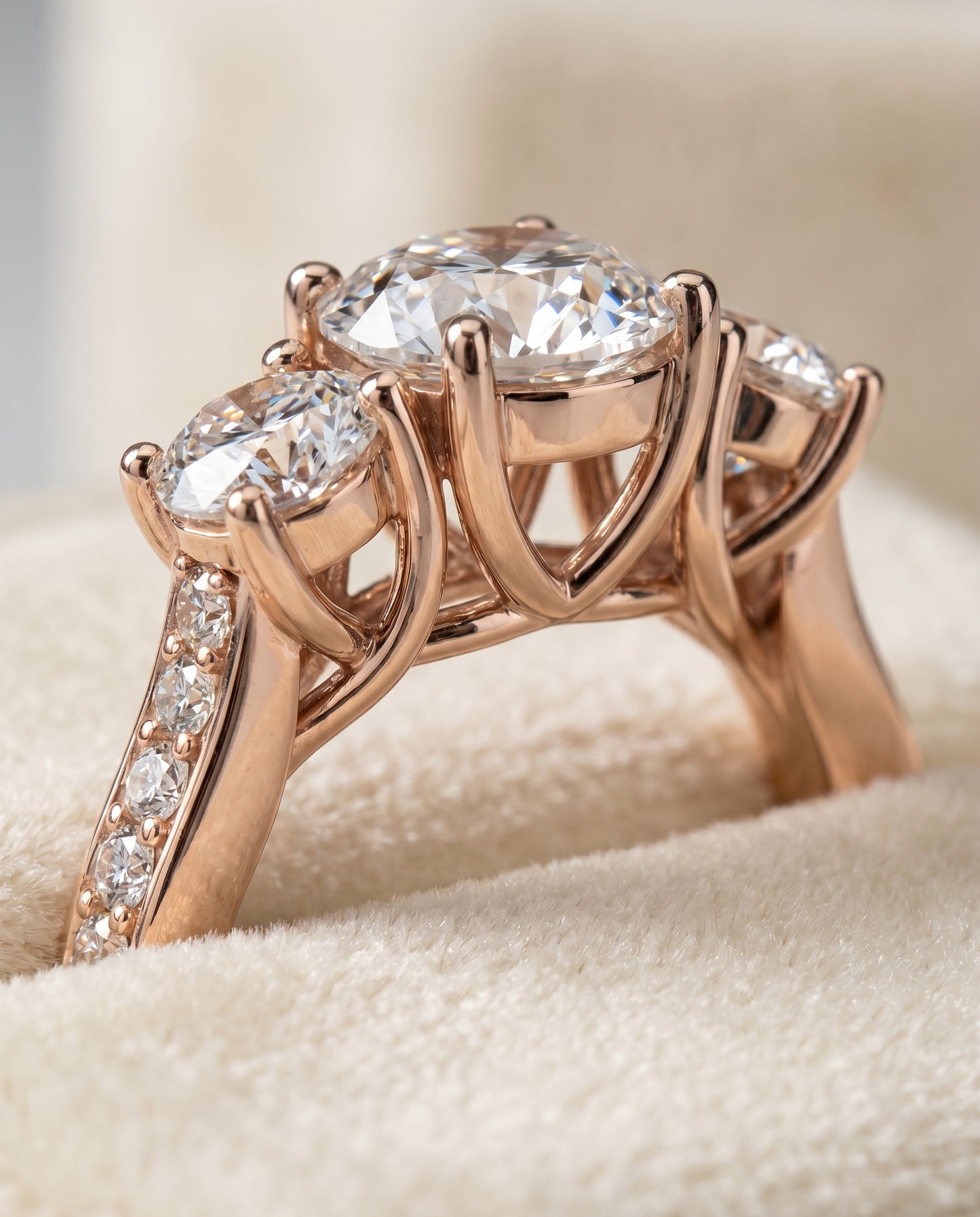Round Brilliant, Channel Pavé Three Stone, in 14K Rose Gold, pave setting – detail view | RockHer