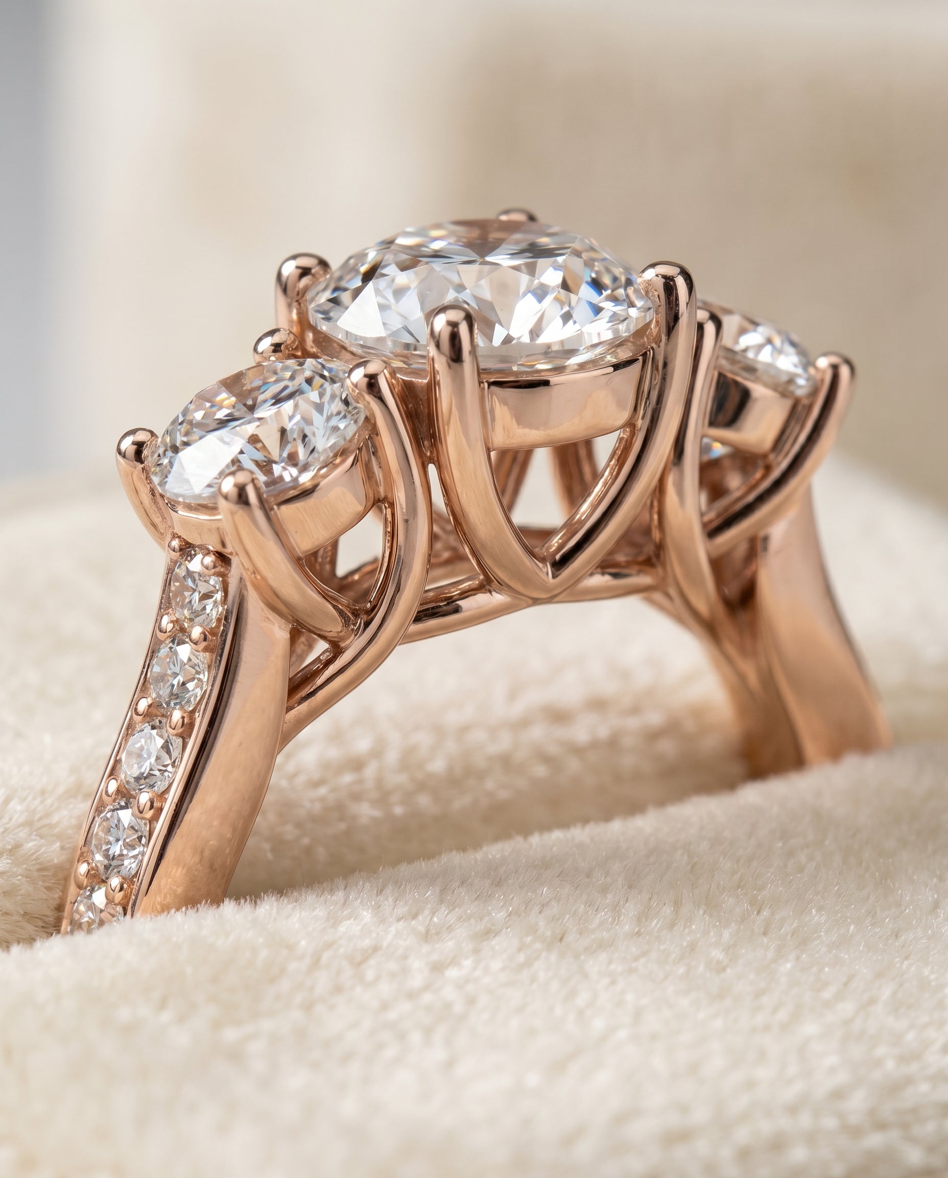 Avery Select Channel Pavé Three Stone Round Lab Diamond Engagement Ring in 14K Rose Gold, detail view | RockHer