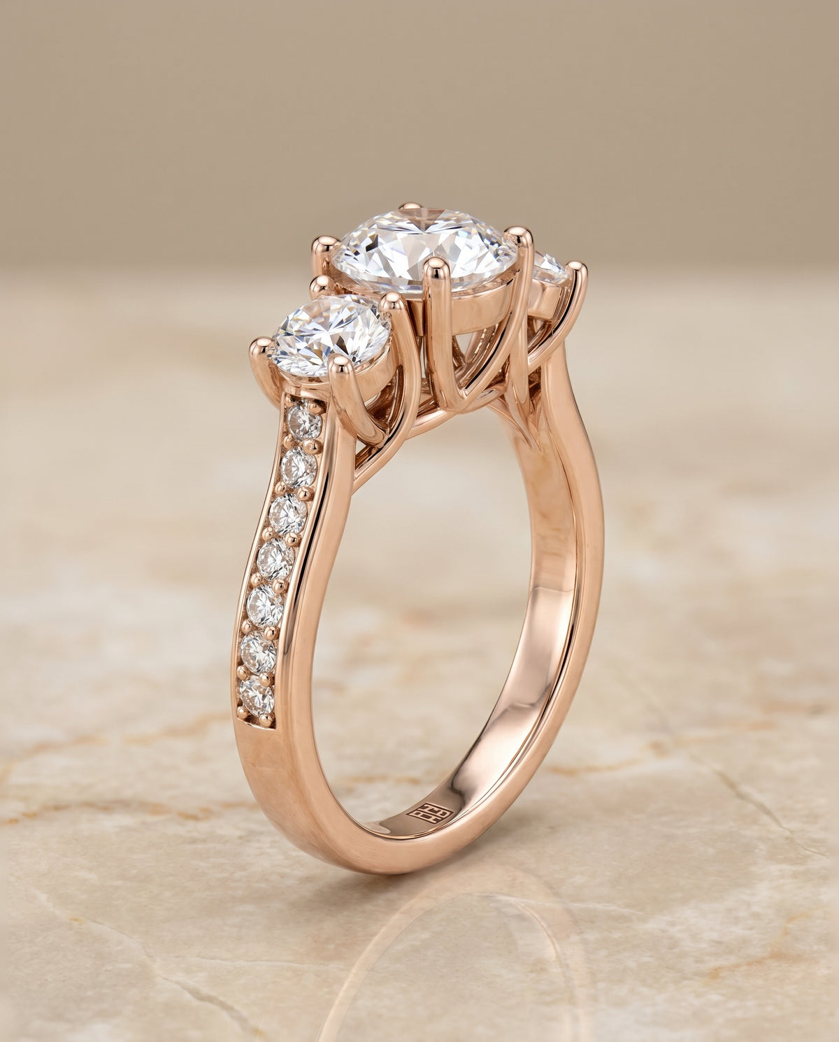 Channel Pavé Three Stone styling on The Avery round engagement ring setting | RockHer