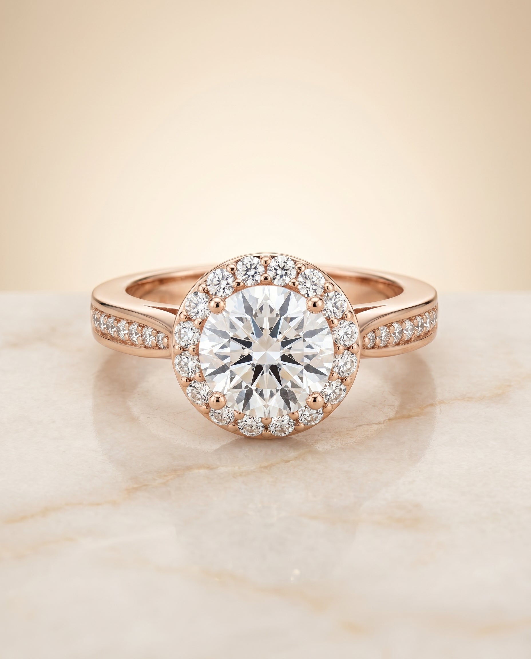 Round Brilliant, Channel Row Pavé Halo, in 14K Rose Gold, prong setting – angled view | RockHer