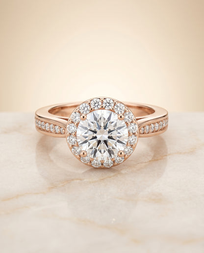 Round Brilliant, Channel Row Pavé Halo, in 14K Rose Gold, prong setting – angled view | RockHer