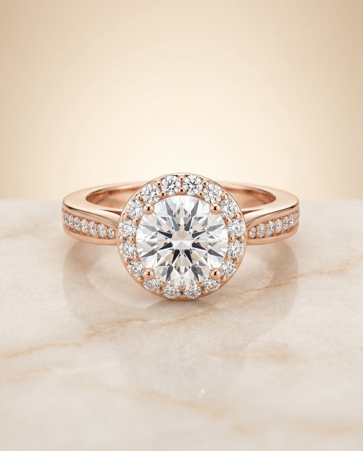 Round Brilliant, Channel Row Pavé Halo, in 14K Rose Gold, prong setting – angled view | RockHer