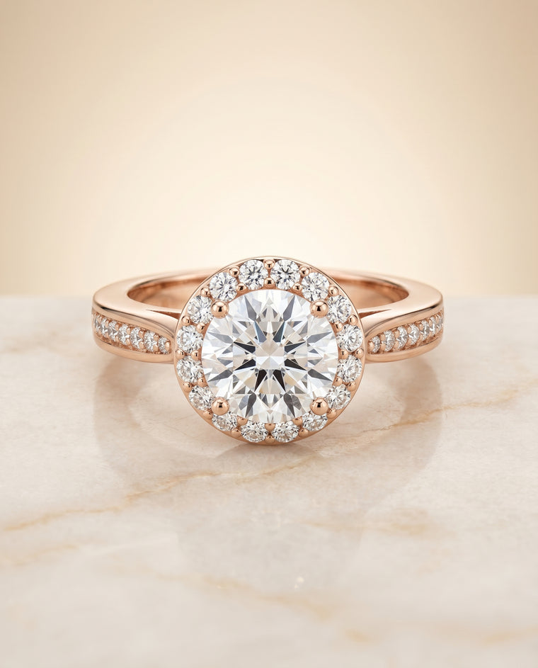 The Aria Channel Row Pavé Halo Round Engagement Ring Setting in 14K Rose Gold