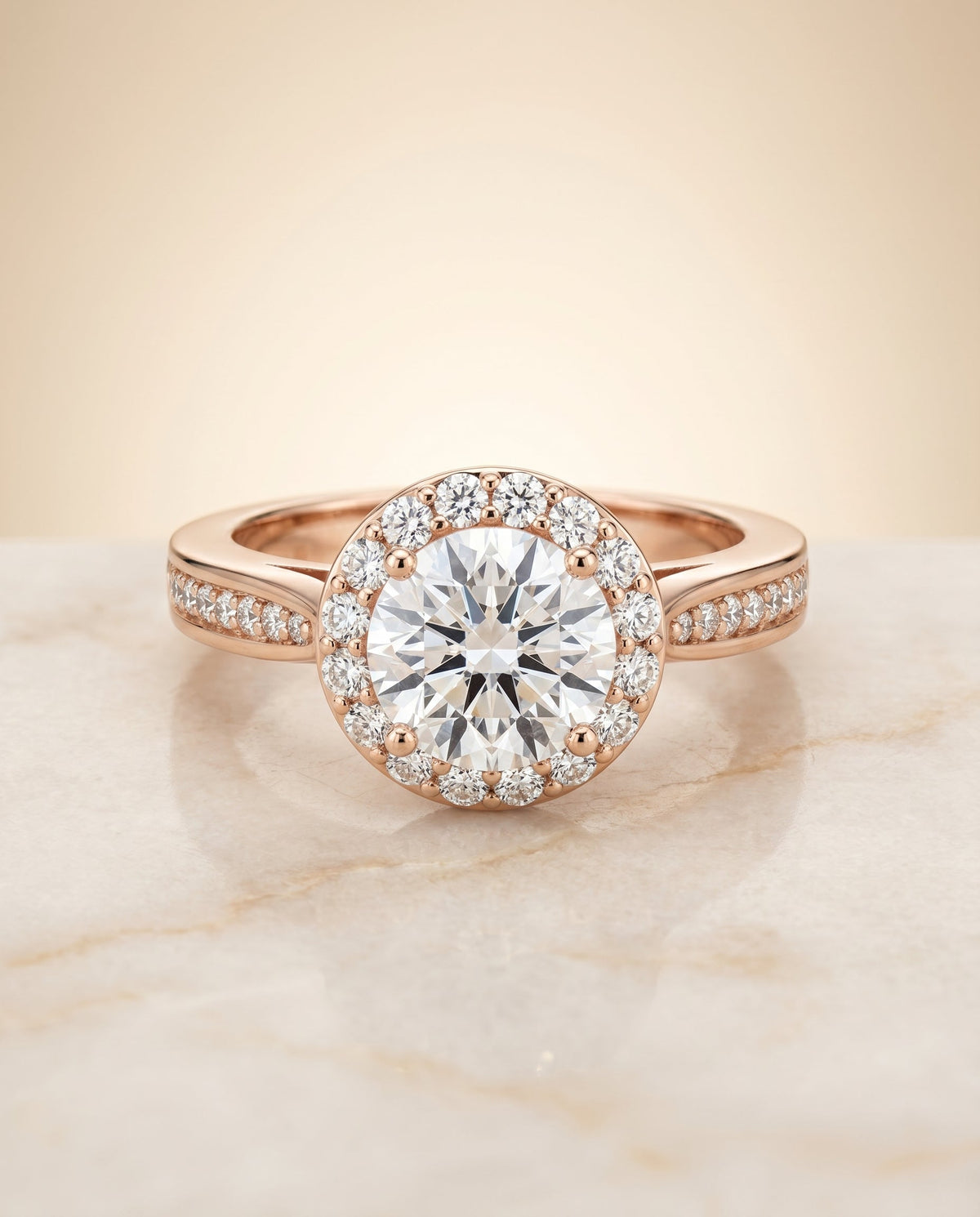 Aria Select Channel Row Pavé Halo Round Lab Diamond Engagement Ring in 14K Rose Gold, alternate angle | RockHer