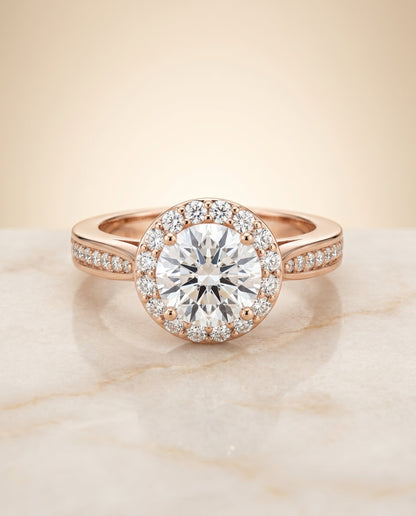 Aria Select Channel Row Pavé Halo Round Lab Diamond Engagement Ring in 14K Rose Gold, alternate angle | RockHer