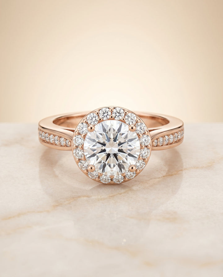 Aria Select Channel Row Pavé Halo Round Lab Diamond Engagement Ring in 14K Rose Gold, alternate angle | RockHer