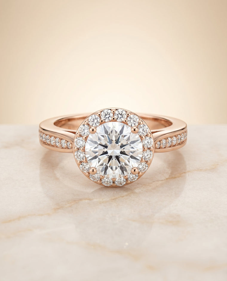 The Aria Select Channel Row Pavé Halo Round Lab Diamond Engagement Ring in 14K Rose Gold