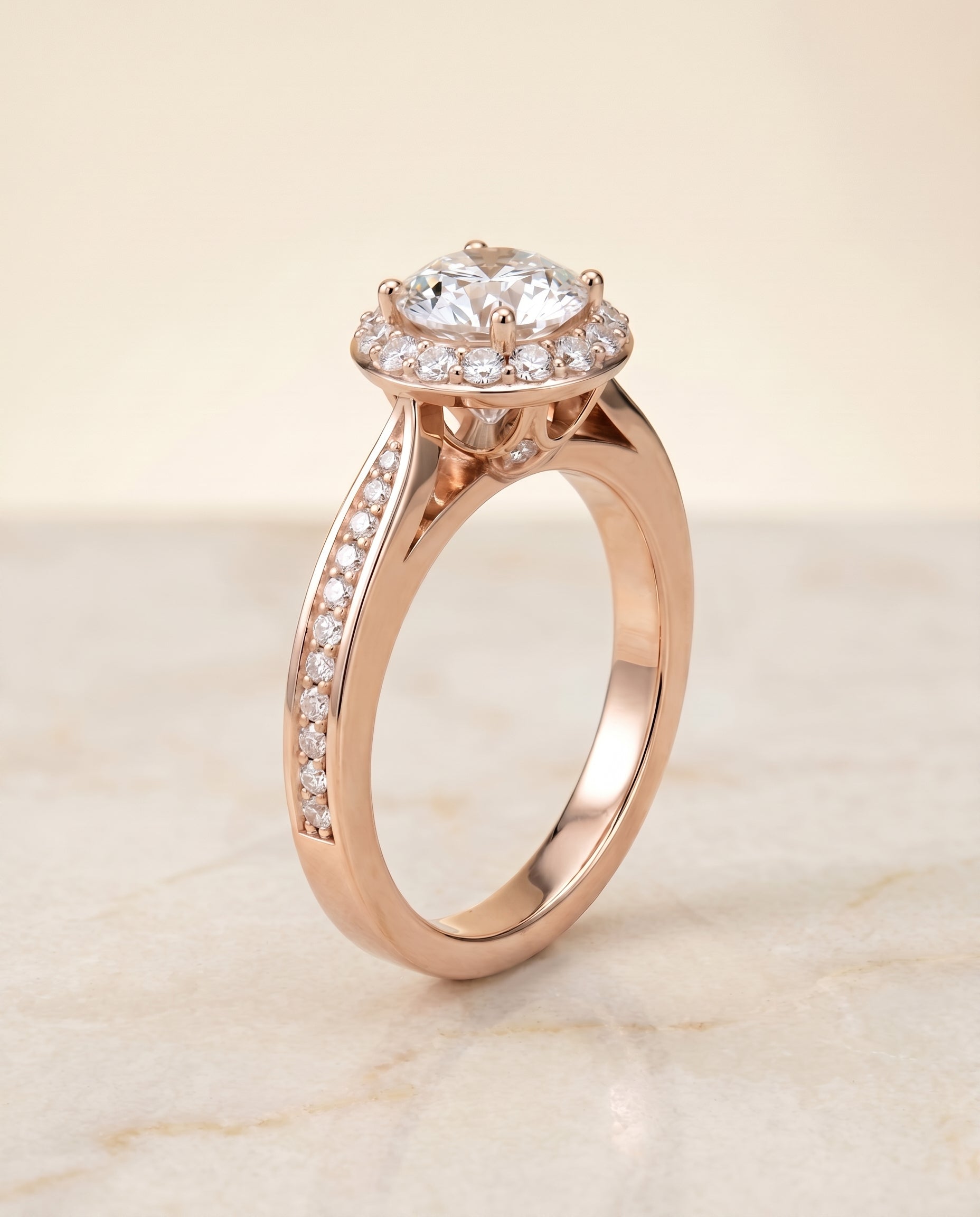 Channel Row Pavé Halo styling on The Aria round engagement ring setting | RockHer