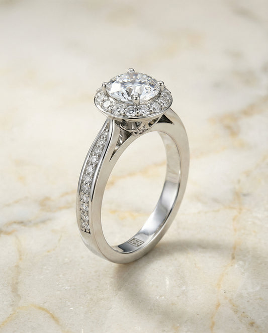 Channel Row Pavé Halo Engagement Ring Setting in 18K White Gold