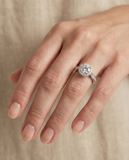 Round Brilliant, Channel Row Pavé Halo, in Platinum, prong setting – lifestyle shot | RockHer