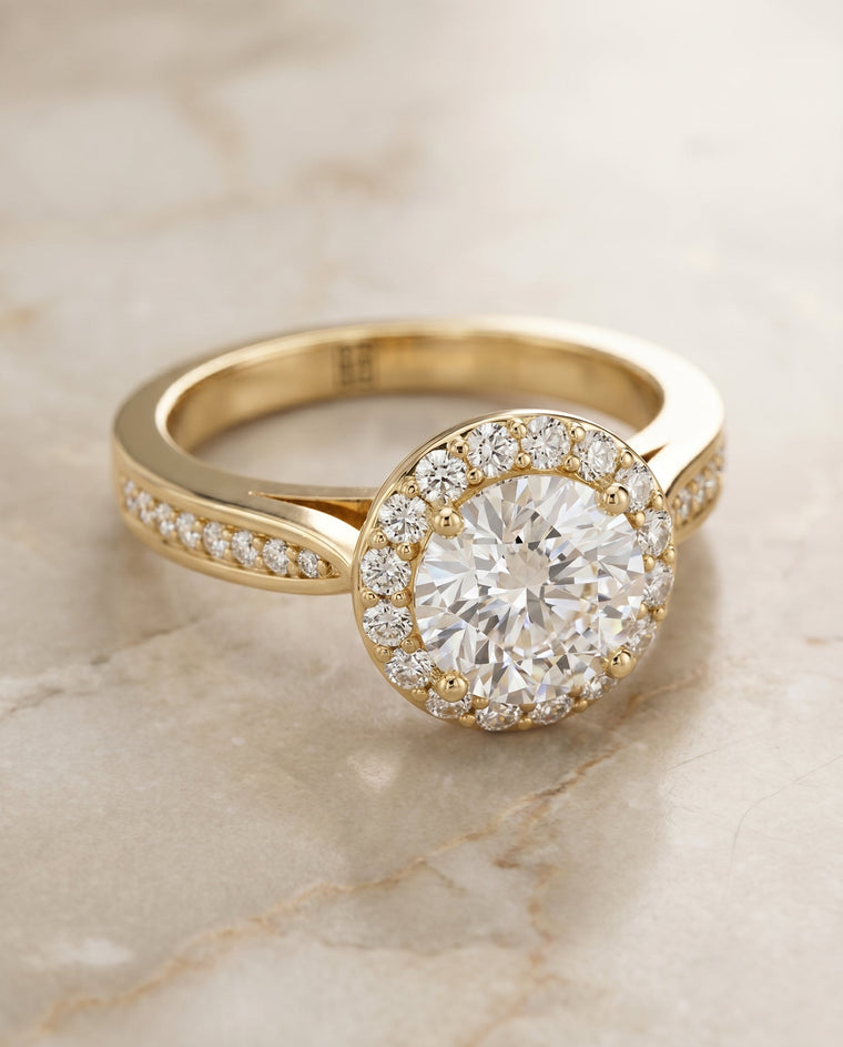 The Aria Select Channel Row Pavé Halo Round Lab Diamond Engagement Ring in 18K Yellow Gold