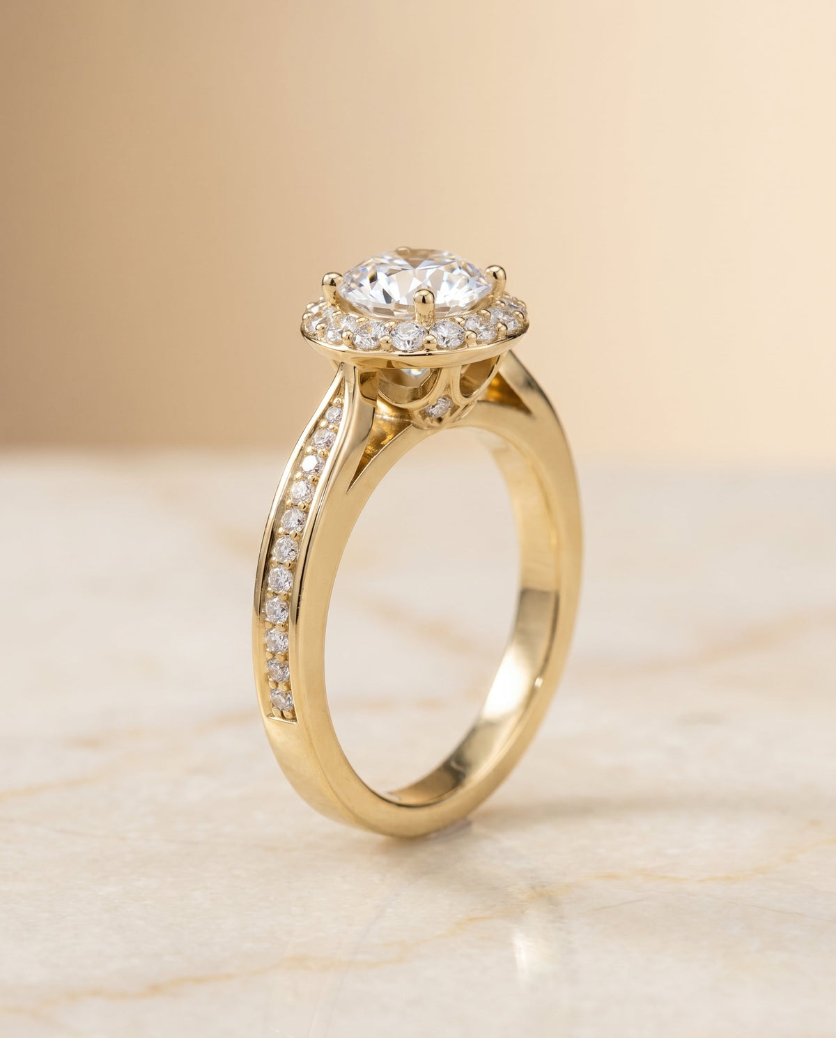 Aria Select Channel Row Pavé Halo Round Lab Diamond Engagement Ring in 18K Yellow Gold, front view | RockHer