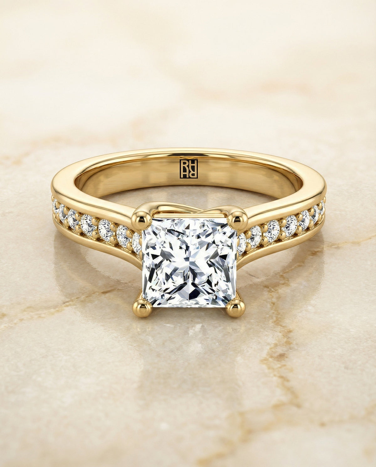 Celesta Select Channel Set Princess Cut Lab Diamond Engagement Ring in 18K Yellow Gold, alternate angle | RockHer