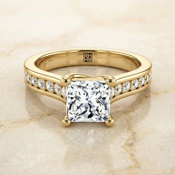 The Celesta Channel Set Pavé Princess Cut Engagement Ring Setting in 18K Yellow Gold