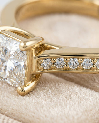 Celesta Select Channel Set Princess Cut Lab Diamond Engagement Ring in 18K Yellow Gold, detail view | RockHer