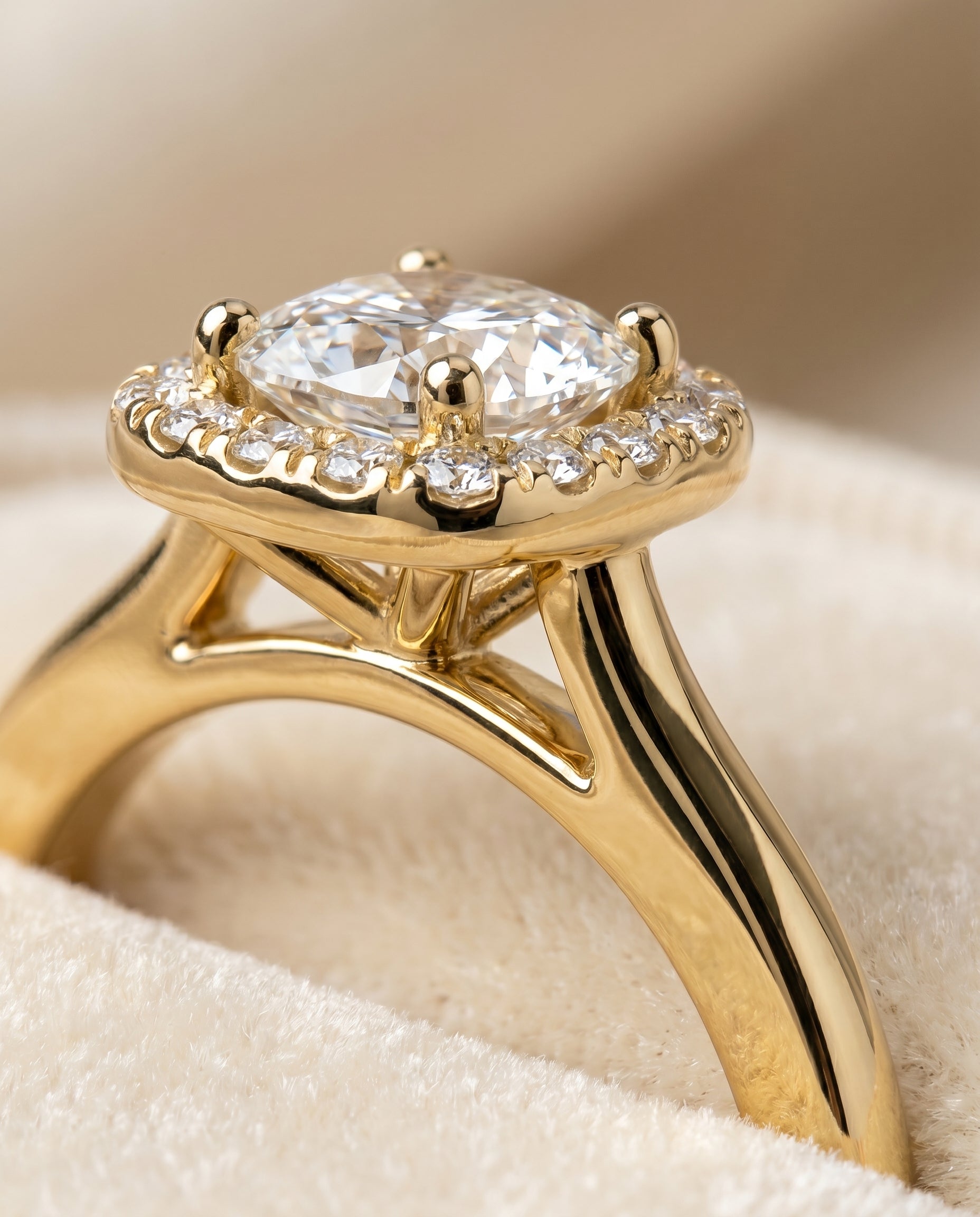 Kate Select Classic French Pavé Halo Cushion Cut Lab Diamond Engagement Ring in 18K Yellow Gold, detail view | RockHer