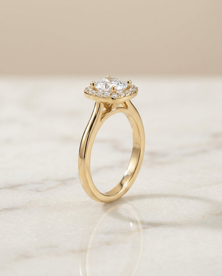 Kate Select Classic French Pavé Halo Cushion Cut Lab Diamond Engagement Ring in 18K Yellow Gold, front view | RockHer