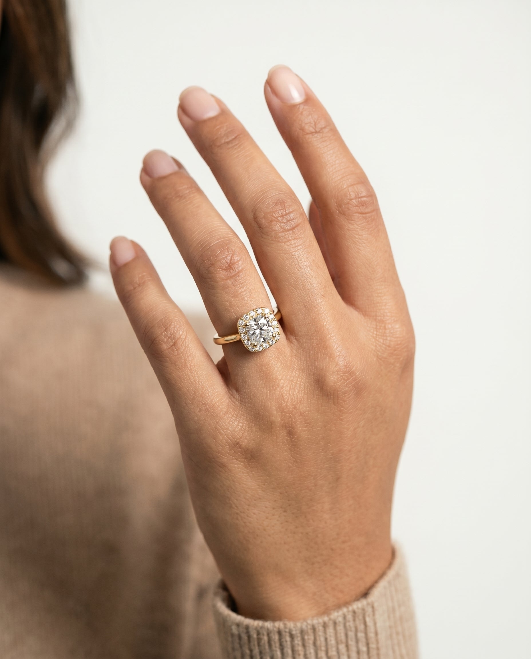 The Kate engagement ring setting in 18K Yellow Gold, classic french pavé halo cut design | RockHer