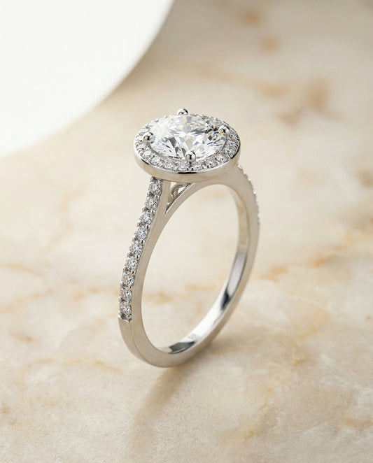 Classic French Pavé Halo Round Engagement Ring Setting in 14K White Gold