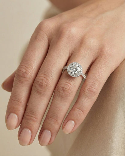 Taylor classic french pavé halo engagement ring in 18K white gold with round lab diamond — RockHer